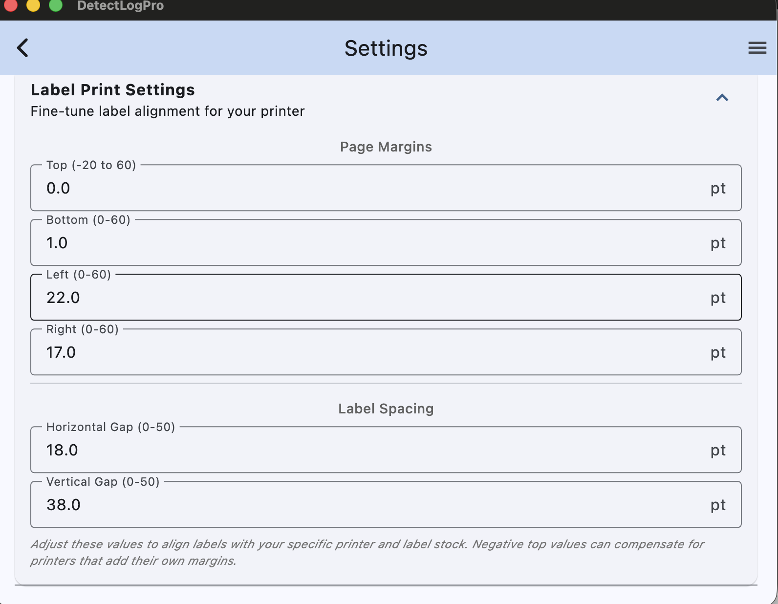 Label Printing Settings